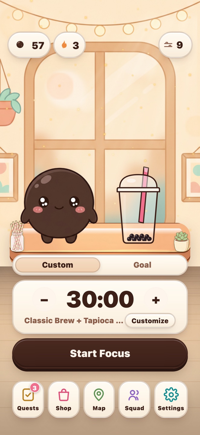 Mr. Tapioca home screen with the boba mascot in a cozy tea room